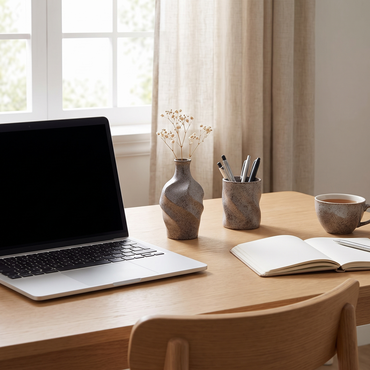 Virella Sculpt speckled ceramic bud vase on a home-office desk beside a laptop
