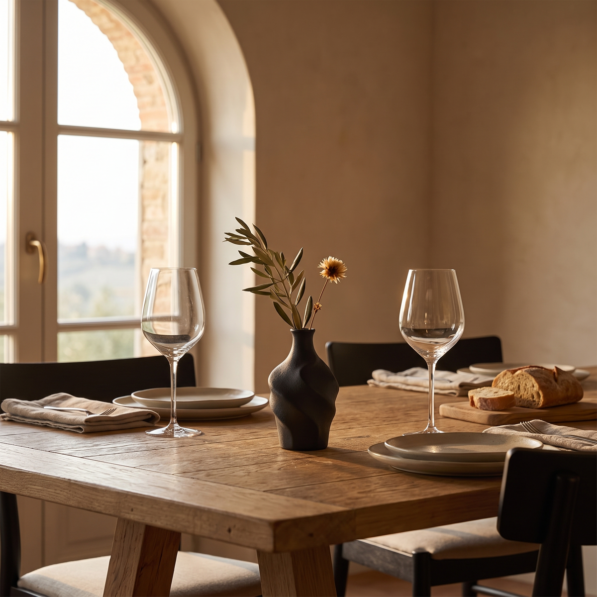 Virella Sculpt dark ceramic bud vase as a petite centrepiece on a rustic Italian dining table