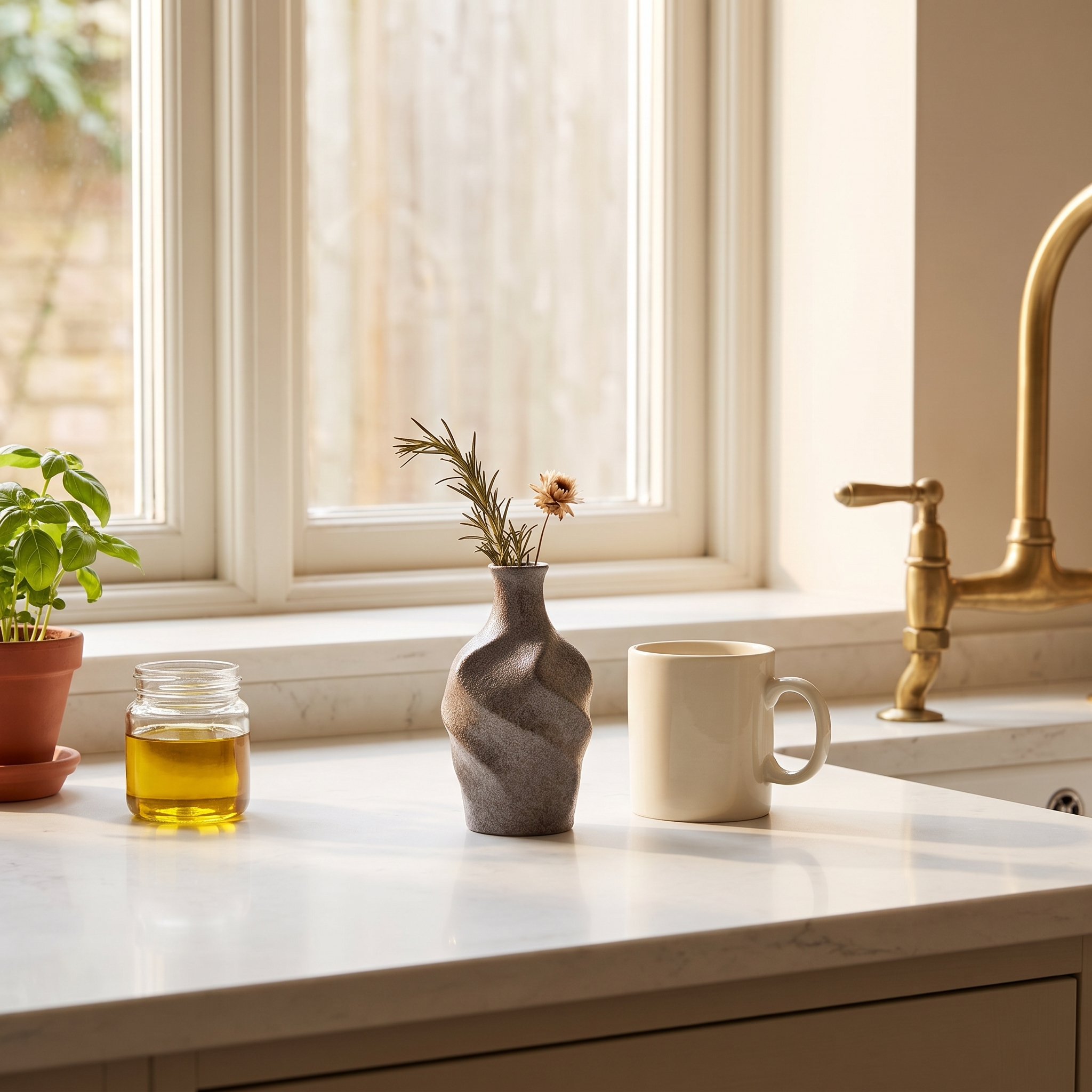 Virella Sculpt speckled stone bud vase with dried rosemary on a sunny kitchen windowsill