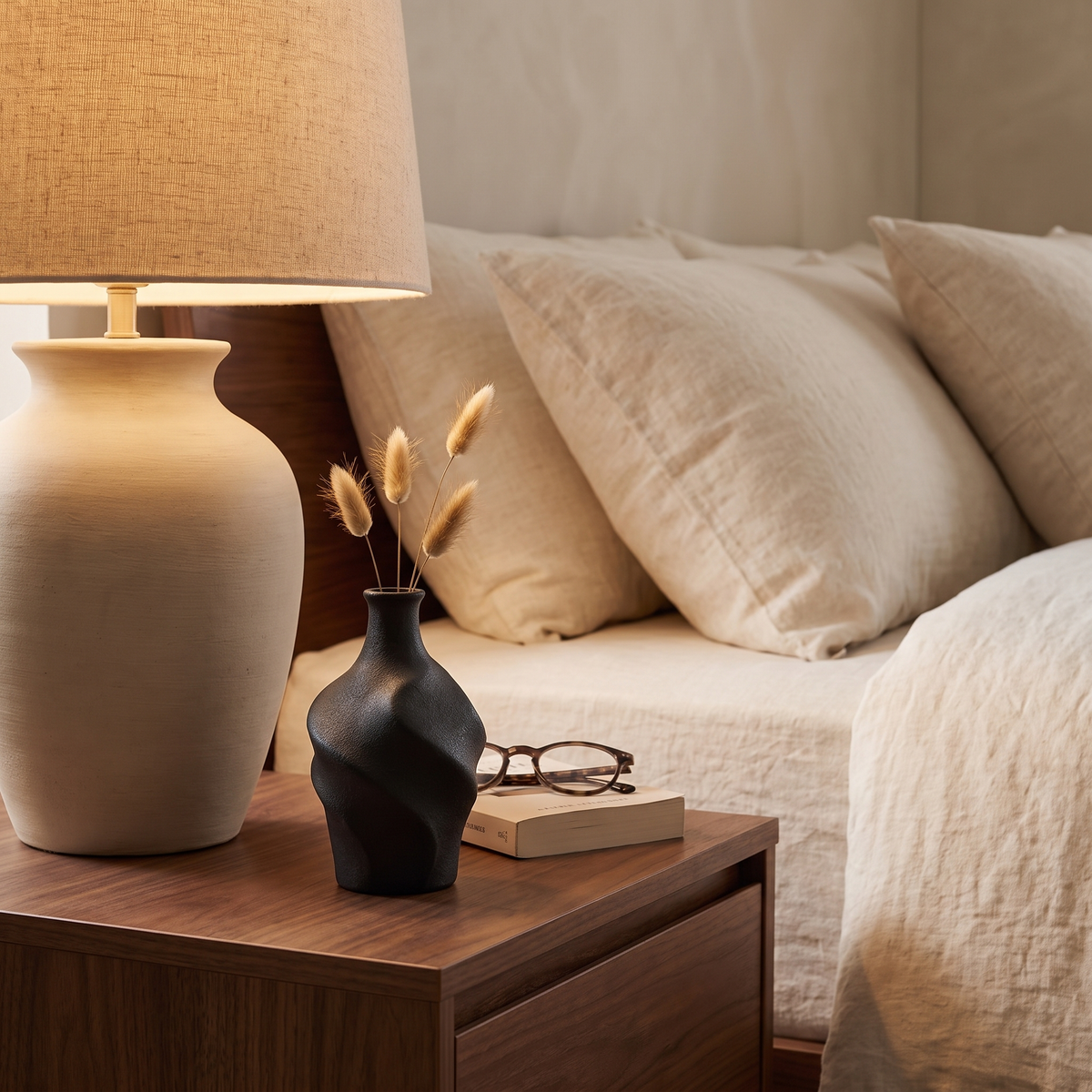 Virella Sculpt dark twisted bud vase with bunny-tail grass on a walnut nightstand beside a lamp