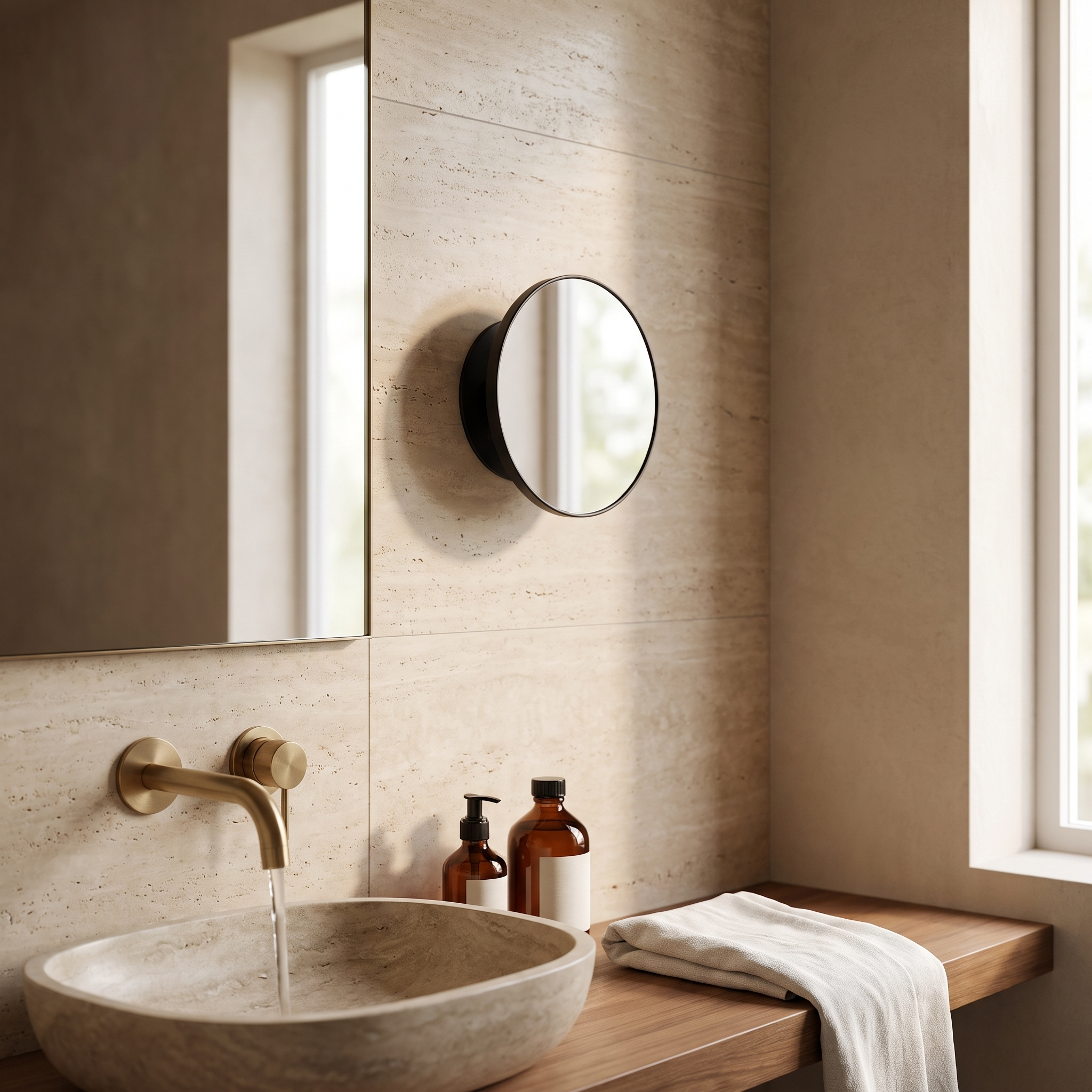 Chiara Vista black magnifying mirror suction-mounted on a travertine bathroom wall