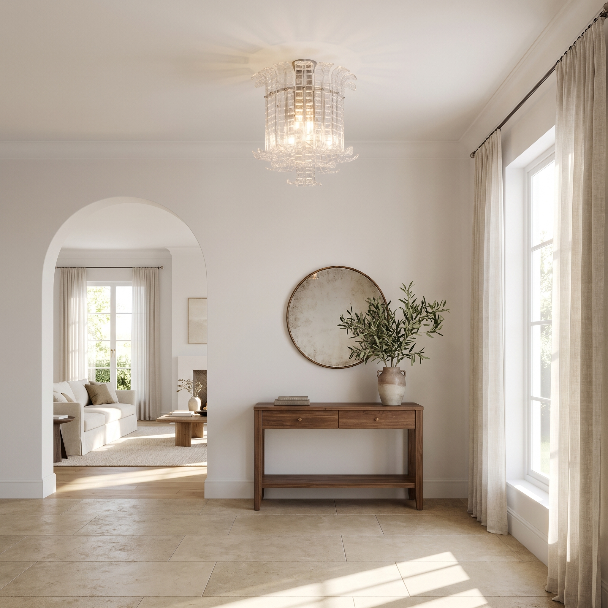 Clear glass leaf flush mount chandelier in a bright entry foyer