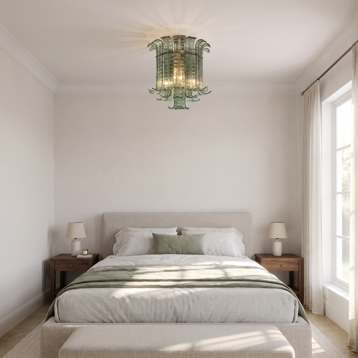 Sage green glass flush mount ceiling light in a calm bedroom
