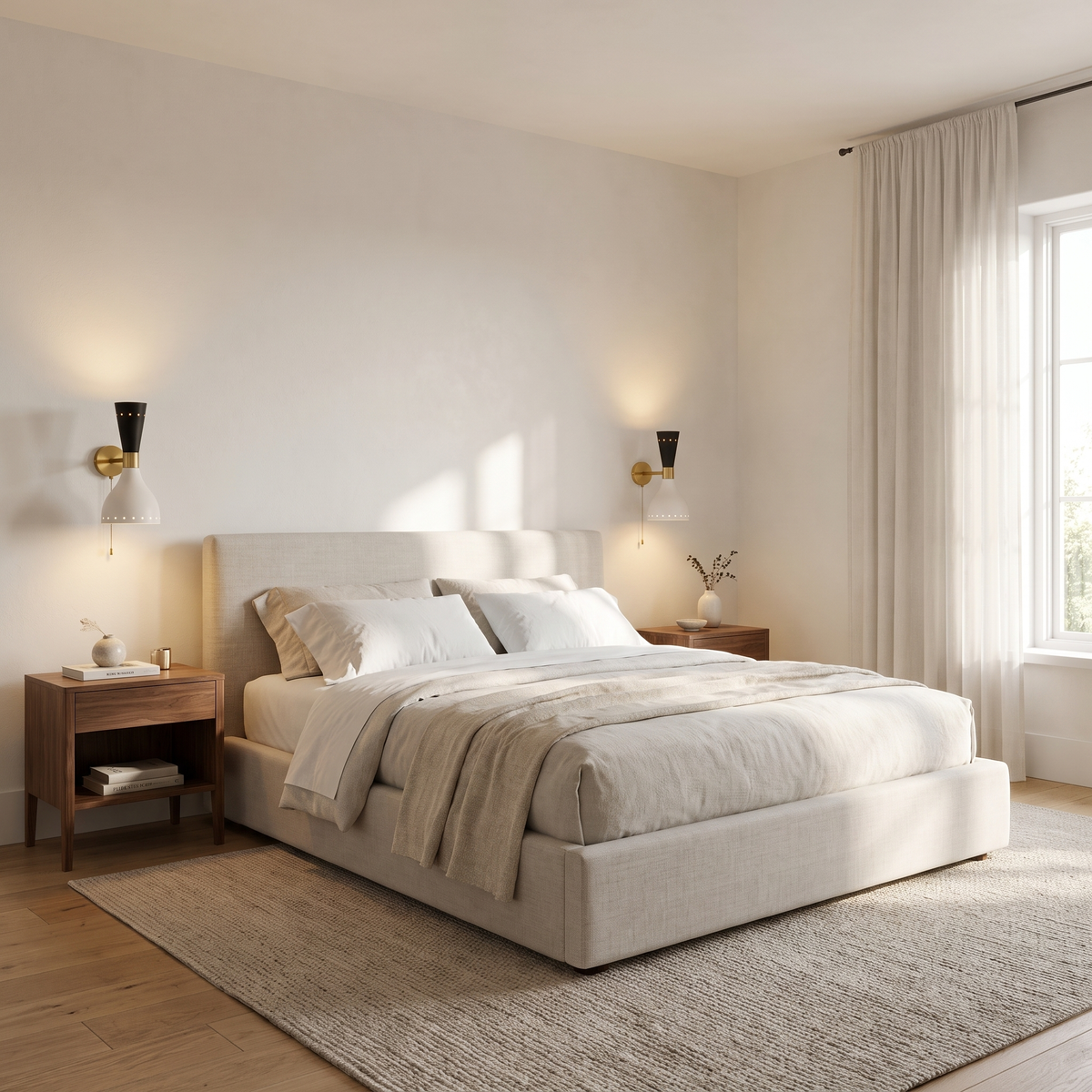 Pair of brass and black-white wall sconces flanking a bed above walnut nightstands