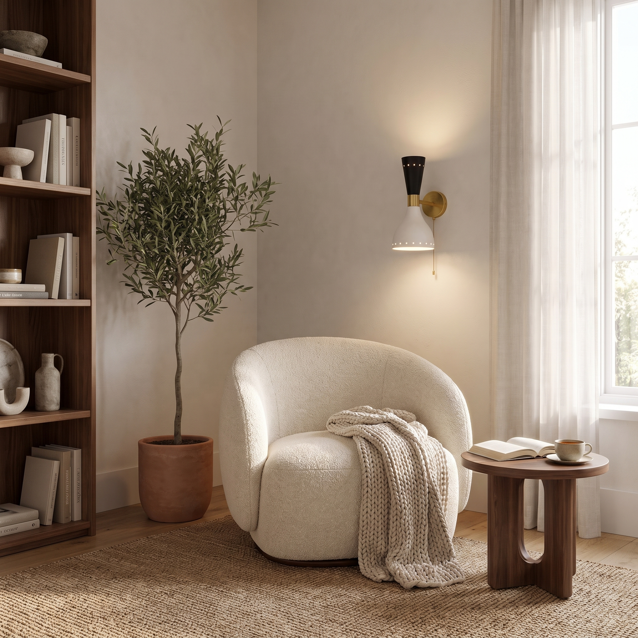 Brass up-down wall sconce glowing warm above a boucle reading chair