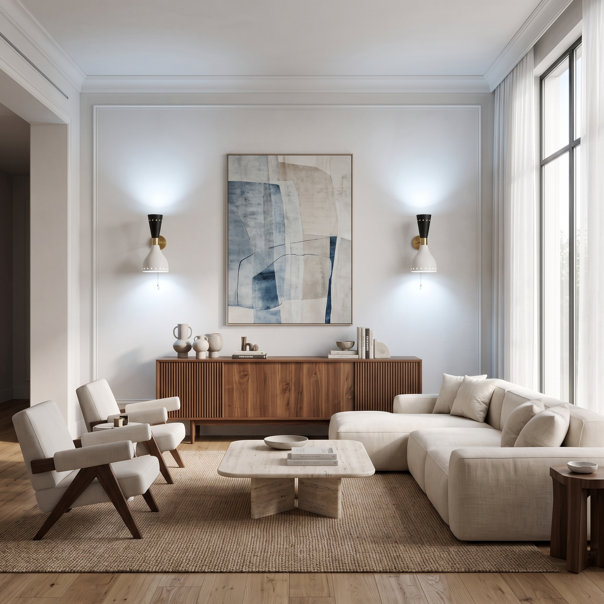 Brass wall sconces flanking artwork above a walnut sideboard in a living room