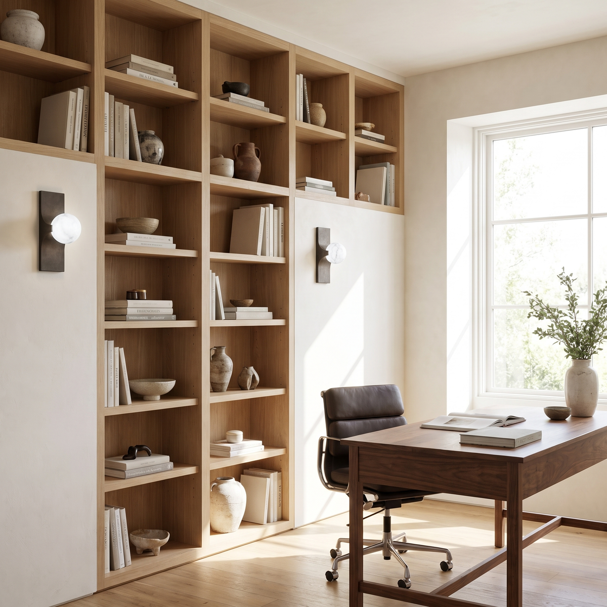 Lume Velato single alabaster wall sconces in cool white beside a bookshelf in a home office