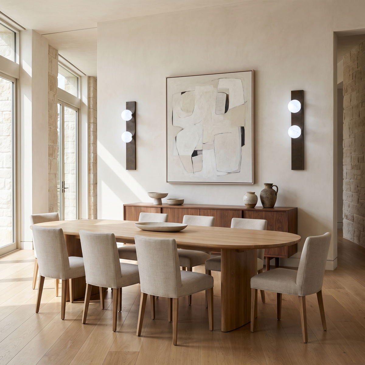 Lume Velato double alabaster wall sconces in cool white flanking artwork above a dining room sideboard