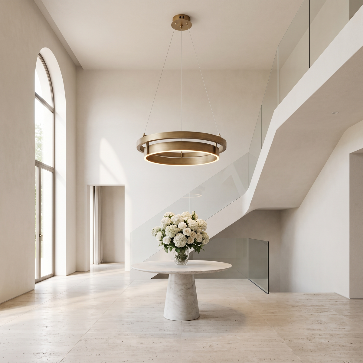 Anelli Sospesi double ring chandelier in brushed brass hanging above a marble table in a bright double-height entrance hall