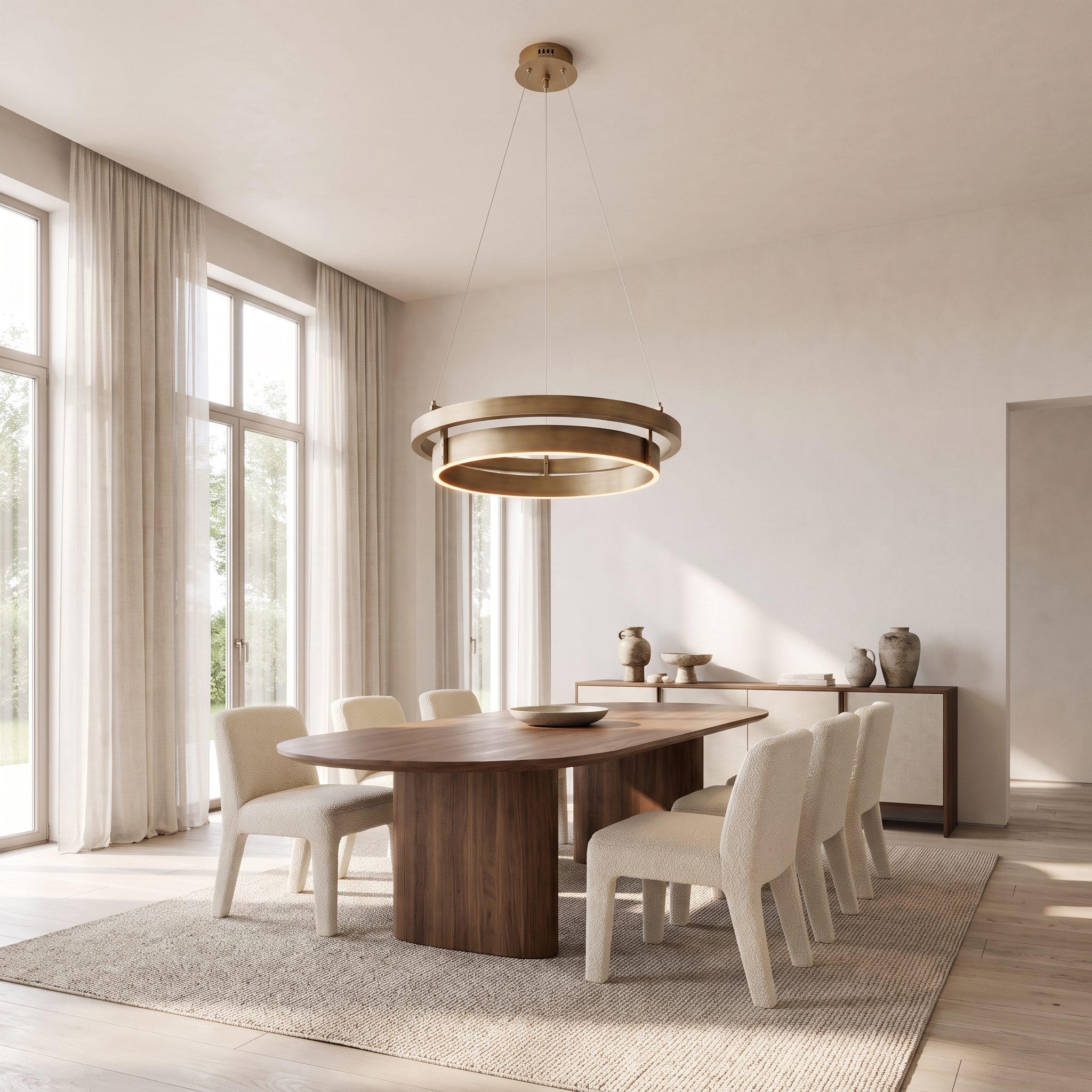 Brushed brass double ring LED chandelier over an oval walnut dining table in a sunlit dining room