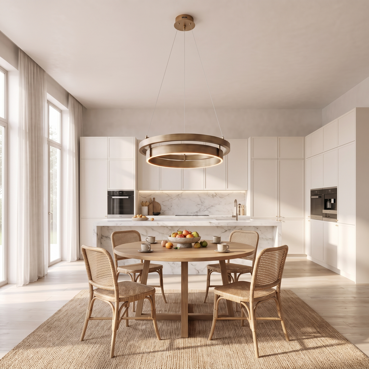 Ring chandelier above a round oak breakfast table with rattan chairs in a bright modern kitchen
