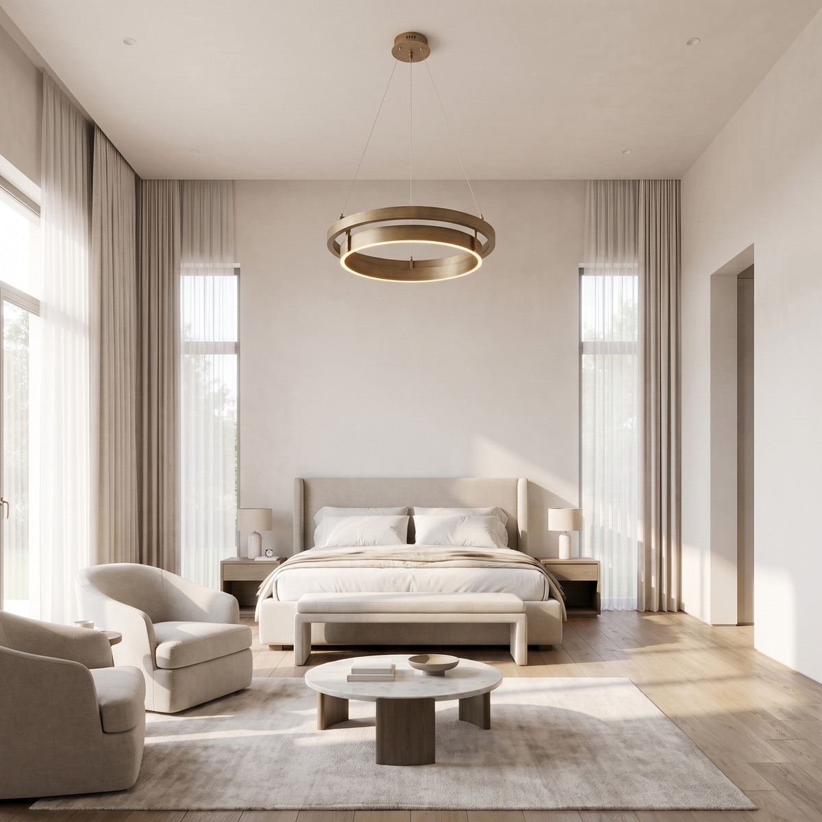 Brass LED ring chandelier in a serene bright bedroom with a high ceiling and sheer curtains