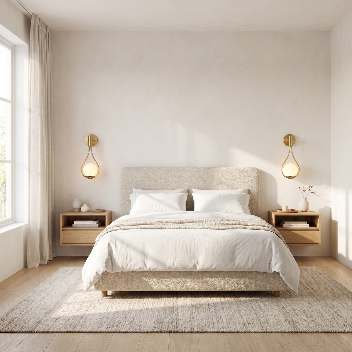 Pair of gold teardrop globe wall sconces above oak nightstands either side of a linen bed