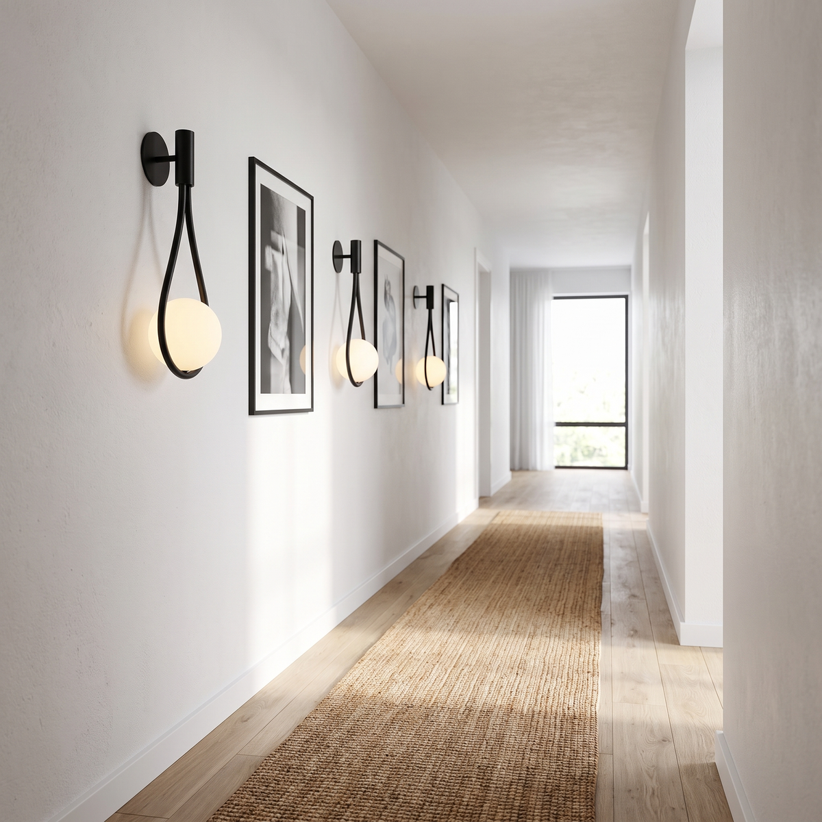 Row of matte black globe wall sconces lighting a bright hallway with framed prints and a jute runner