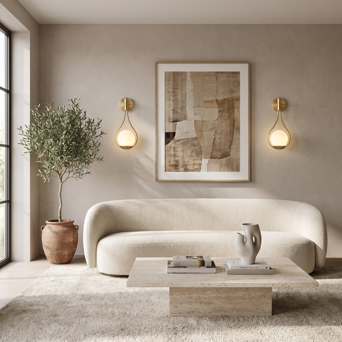 Gold opal globe wall sconces flanking abstract art above a bouclé sofa in a bright living room
