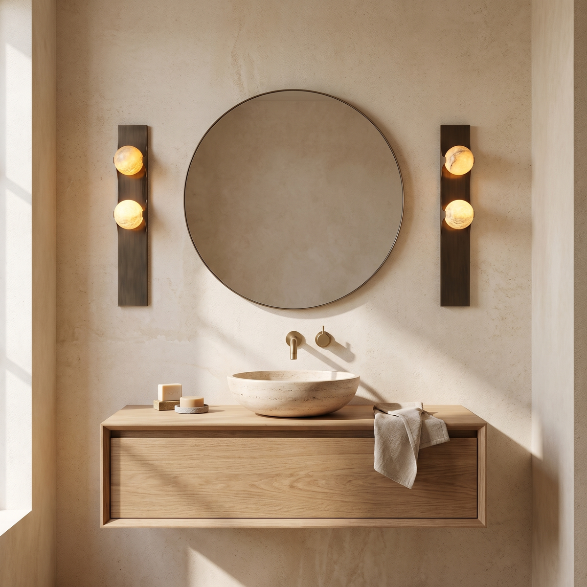 Pair of alabaster wall sconces either side of a round mirror above an oak vanity in a powder room