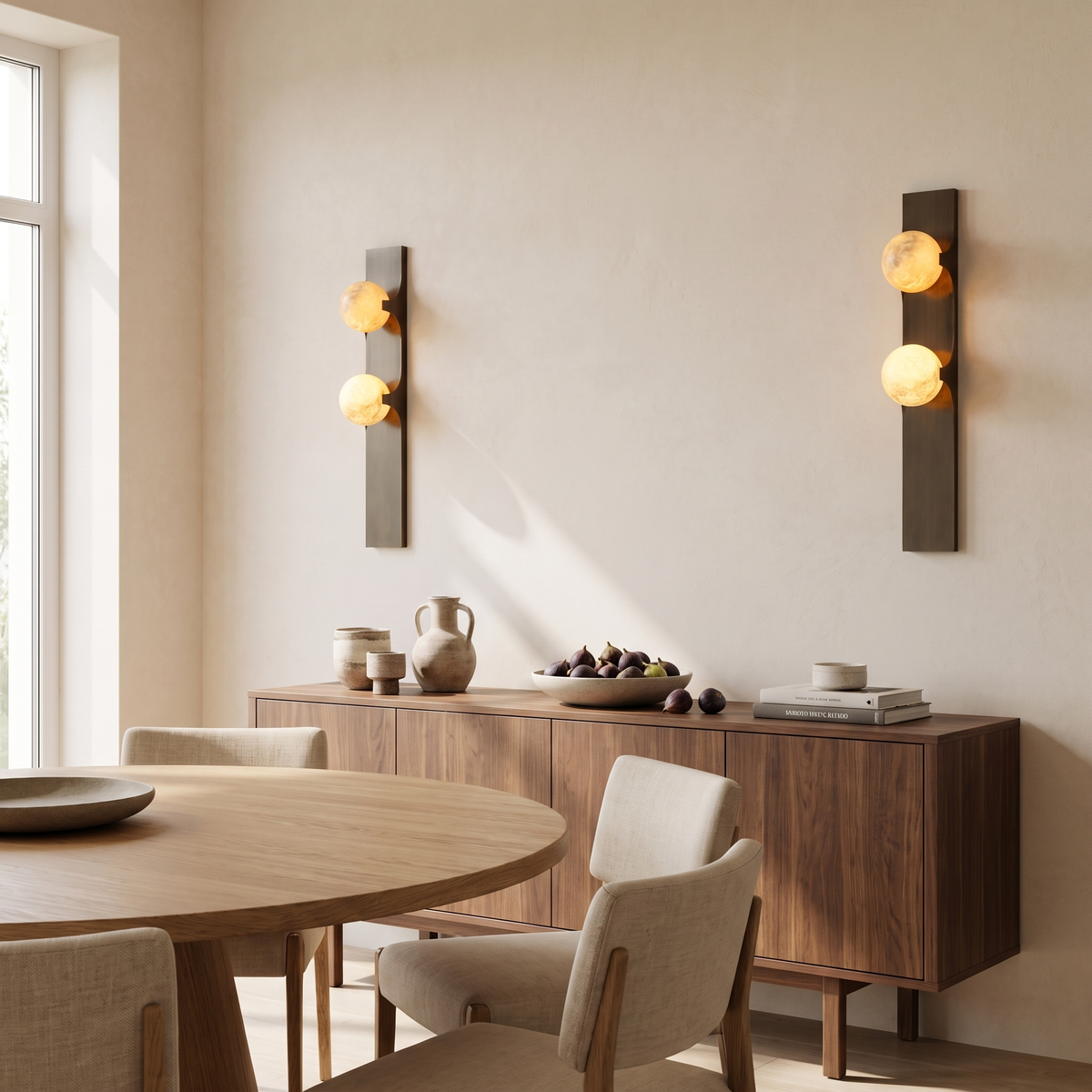 Pair of Lune Gemelle alabaster and brass wall sconces either side of a walnut buffet in a bright dining room