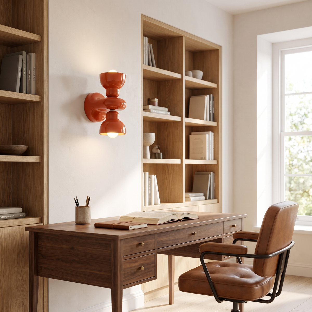 Orange ceramic wall sconce in a home study