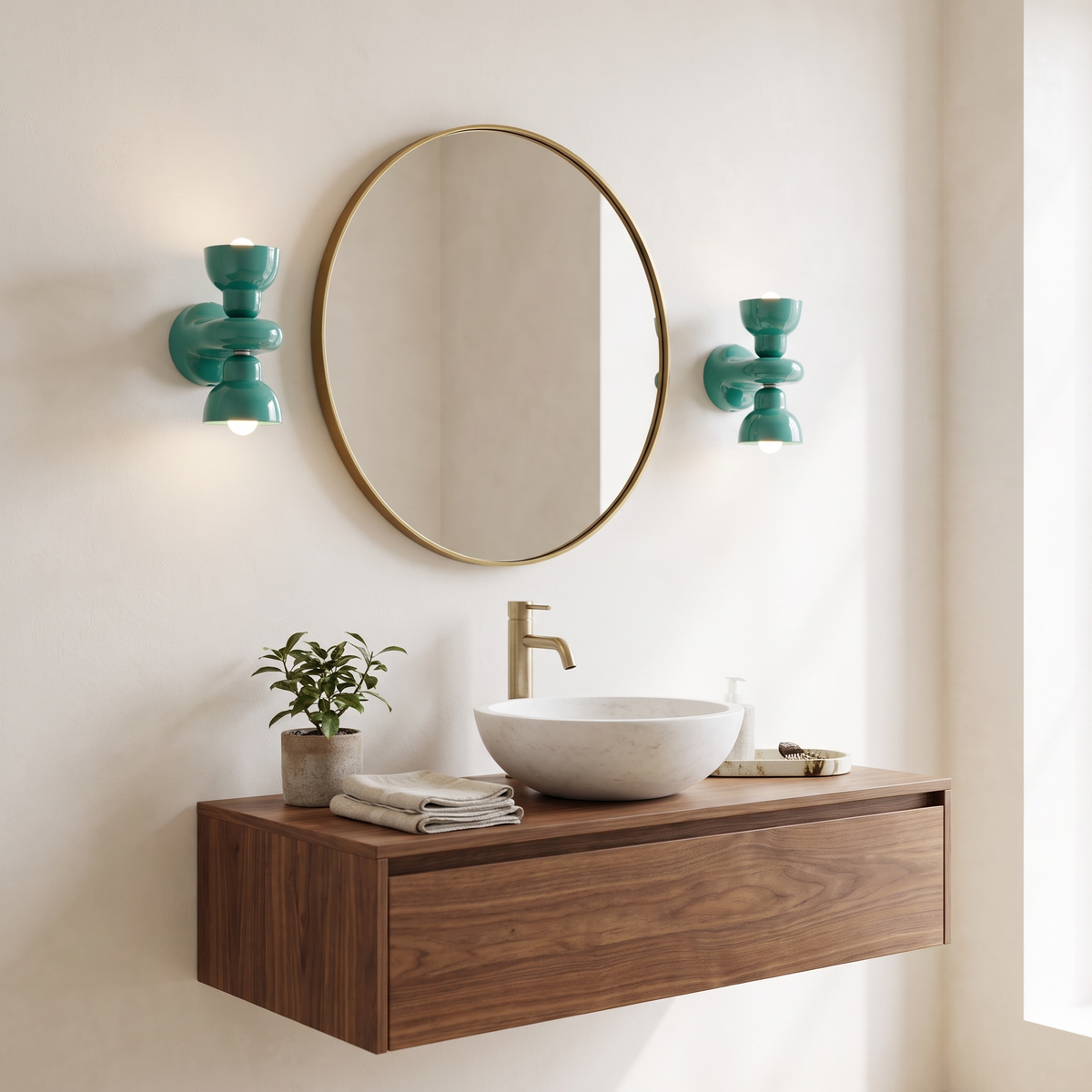 Turquoise ceramic wall sconce beside a bathroom vanity mirror