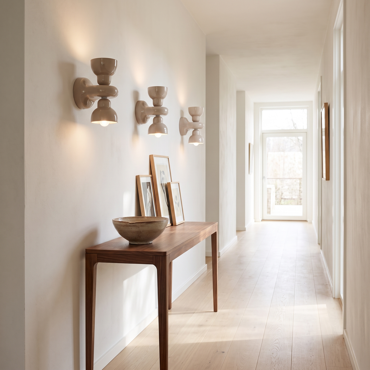 Sand grey ceramic wall sconces lining a calm hallway