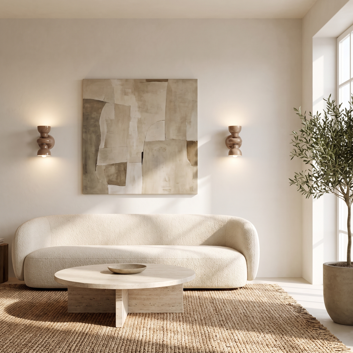 Mocha brown ceramic wall sconce in a warm living room