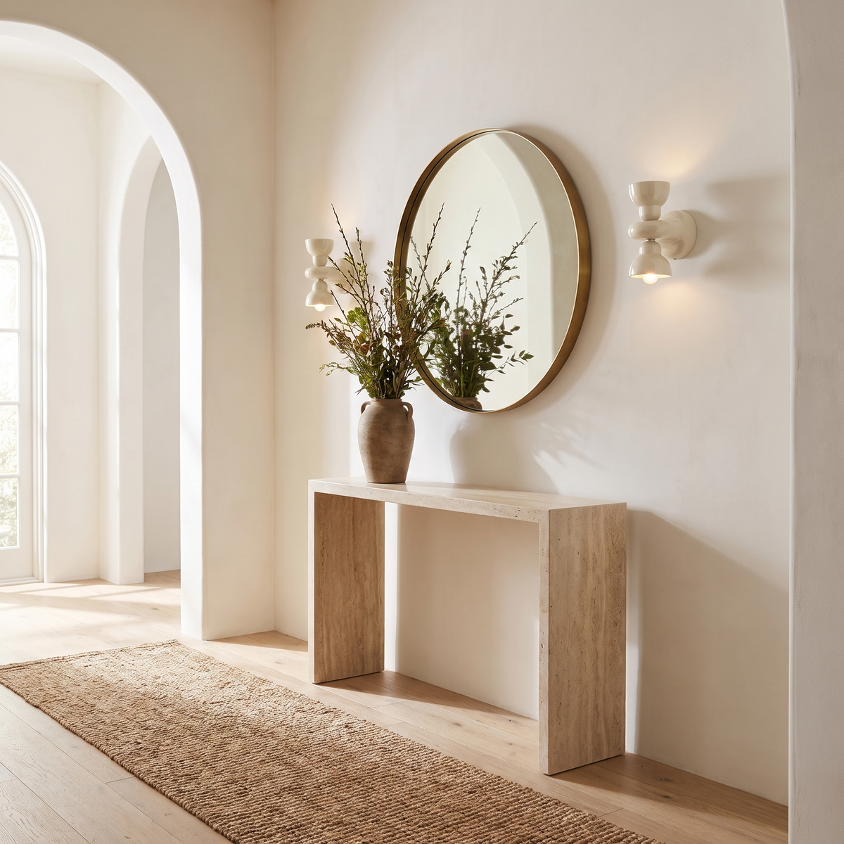 Cream ceramic wall sconce above an entryway console