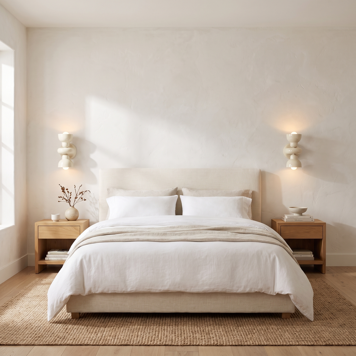 Cream ceramic up down wall sconce glowing in a serene bedroom