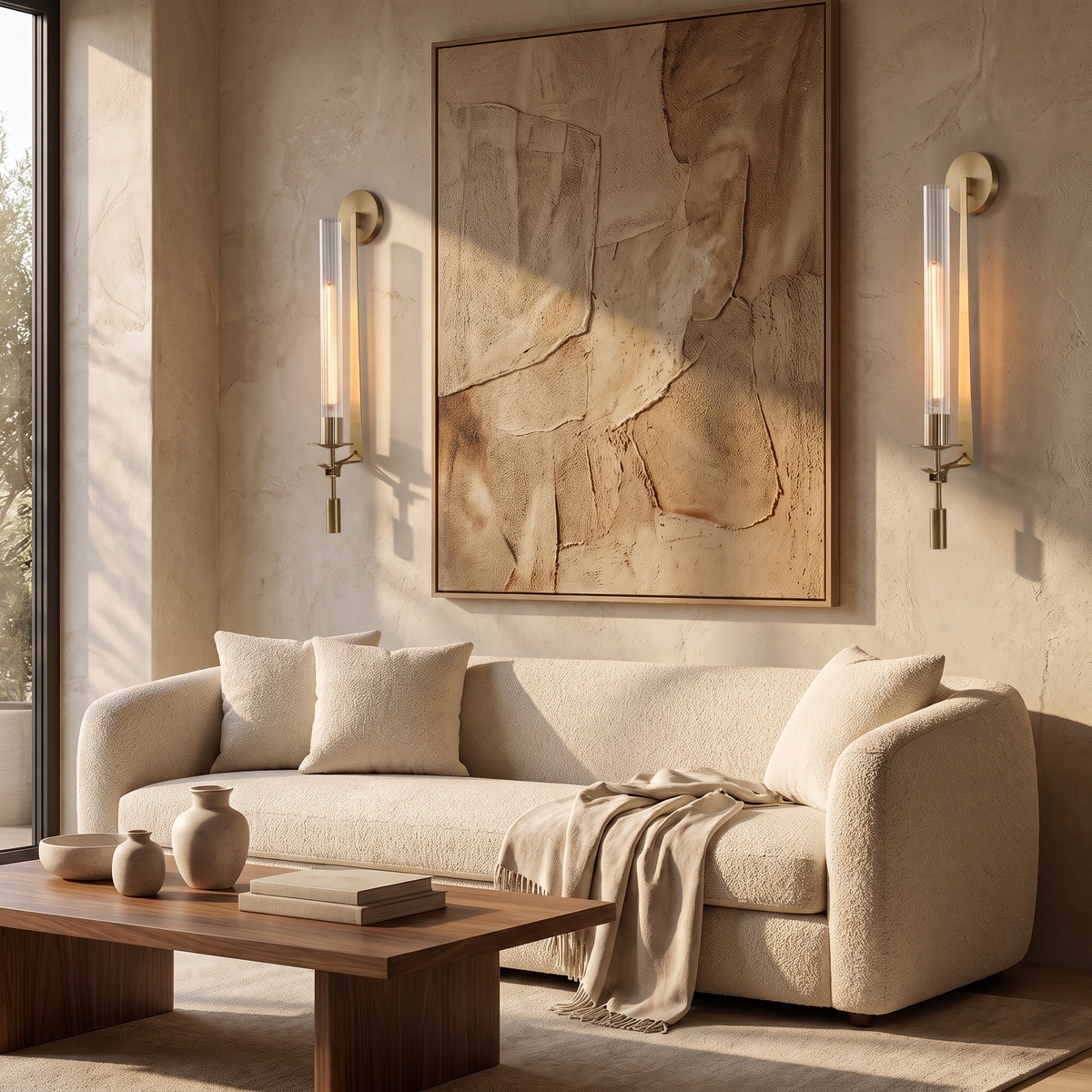 Pair of gold ribbed glass wall sconces flanking a cream sofa in a modern living room