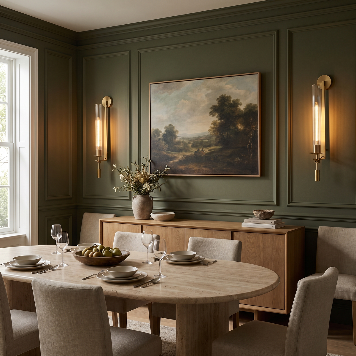 Gold ribbed glass wall sconces on an olive paneled dining room wall