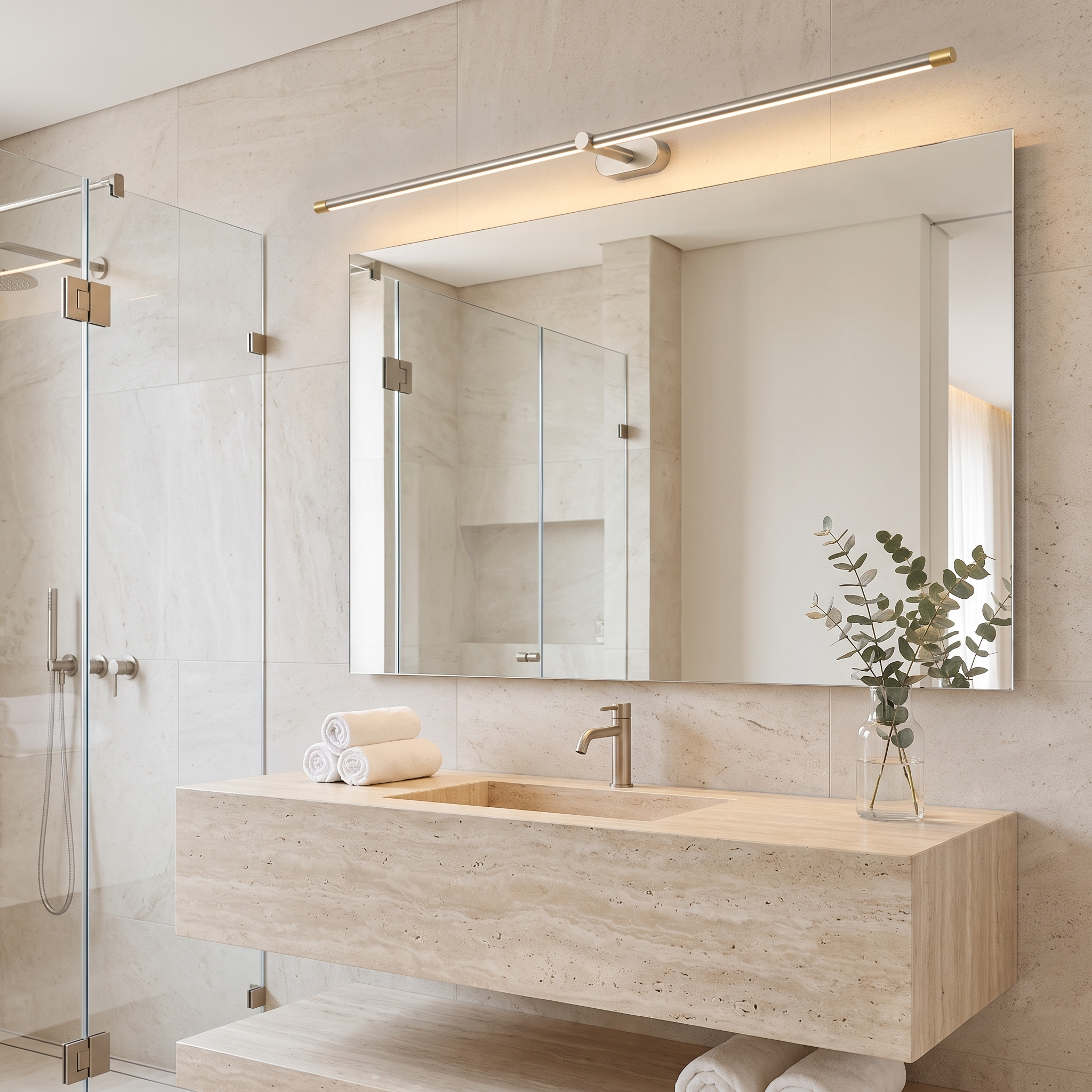 Nickel cordless LED light above a bathroom mirror and travertine vanity