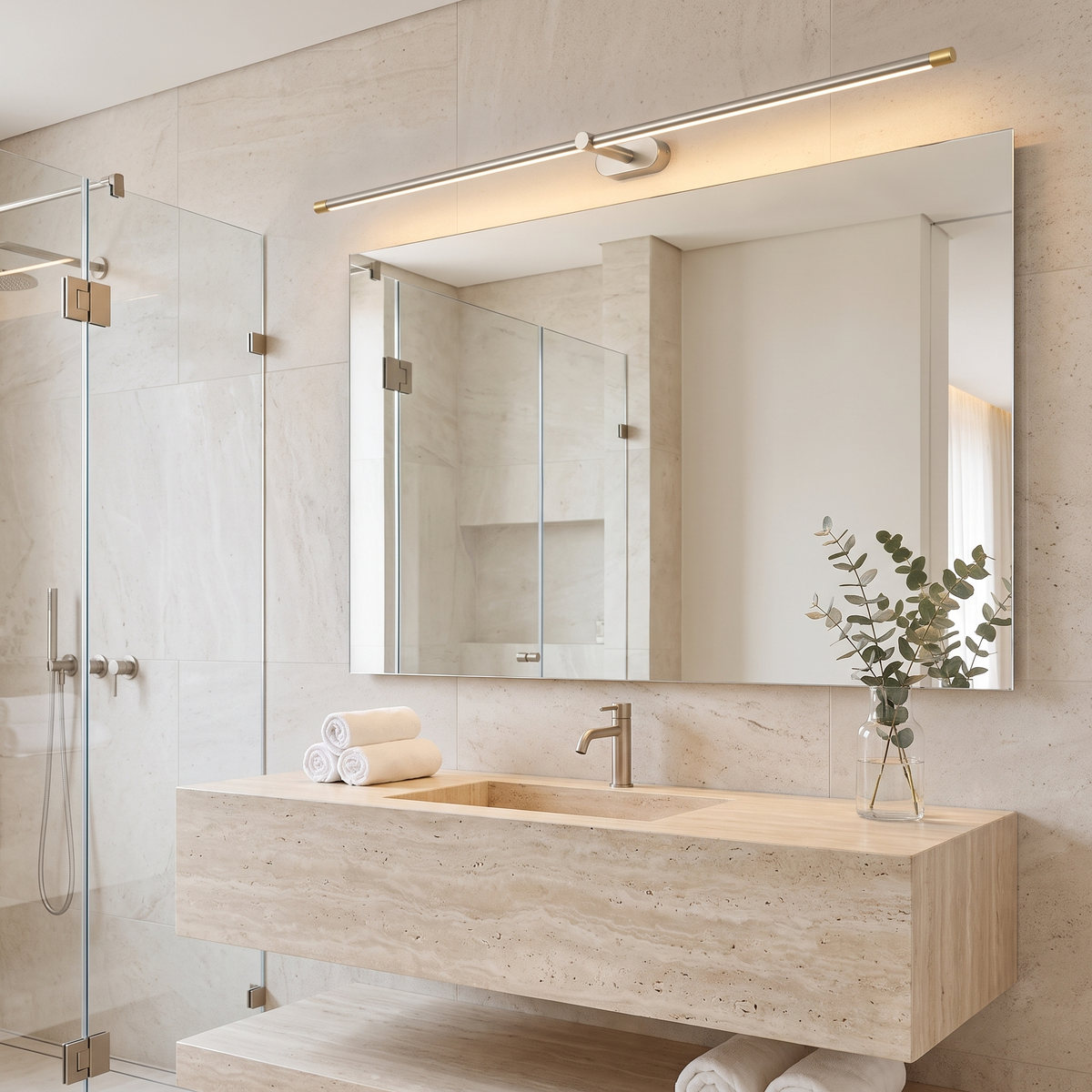Nickel cordless LED light above a bathroom mirror and travertine vanity