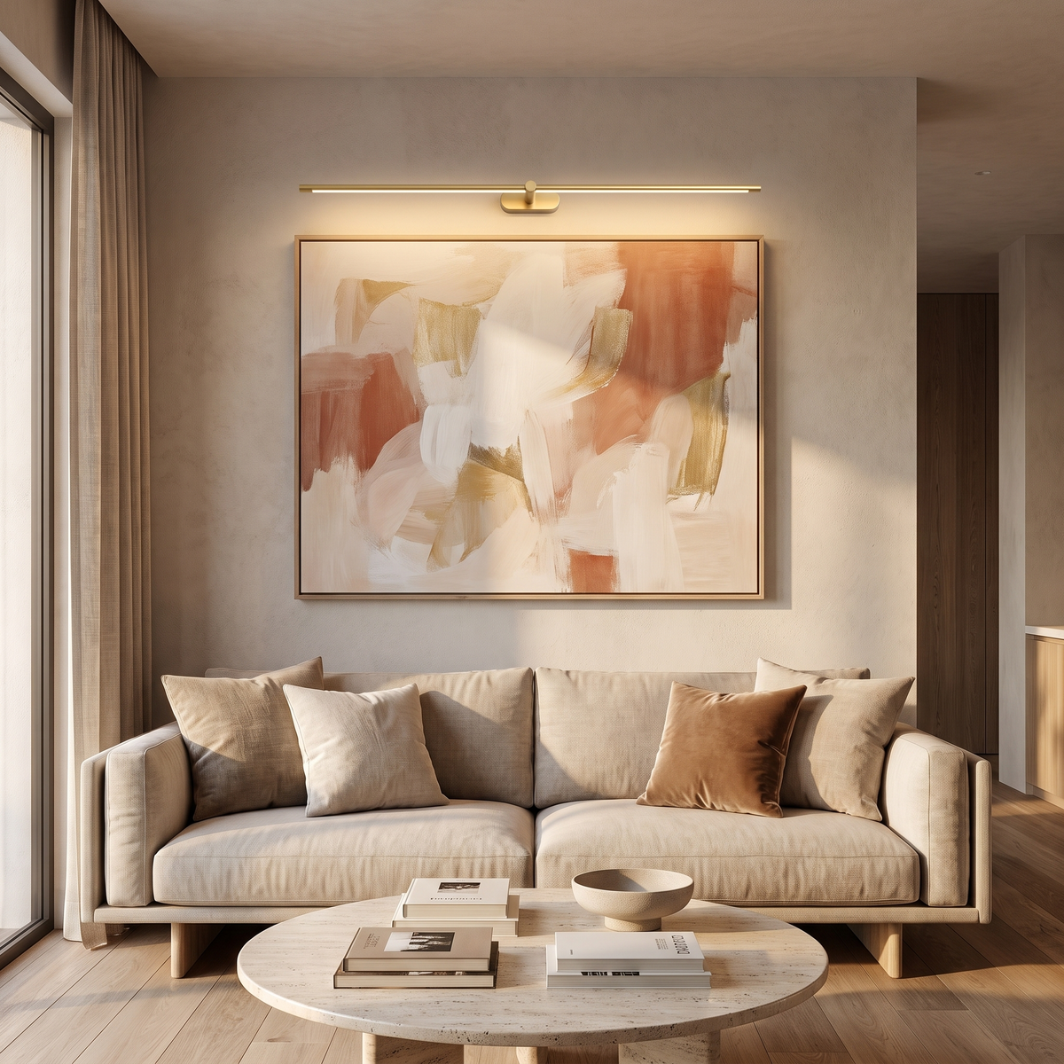 Gold cordless picture light over abstract art above a linen sofa