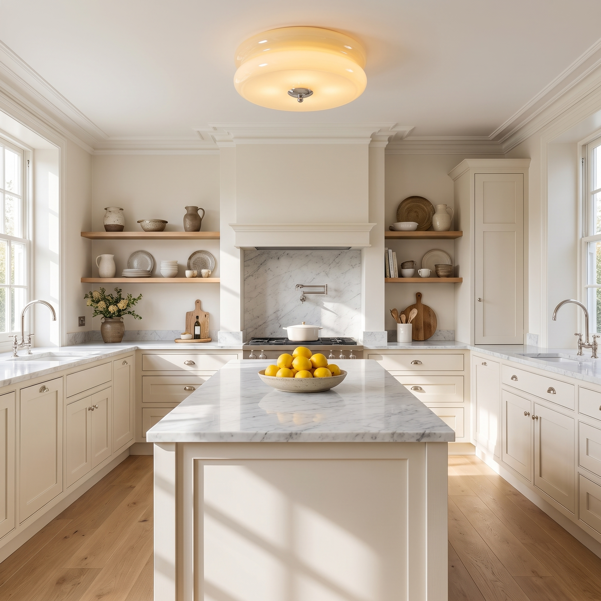 Beige glass flush mount ceiling light above a marble kitchen island