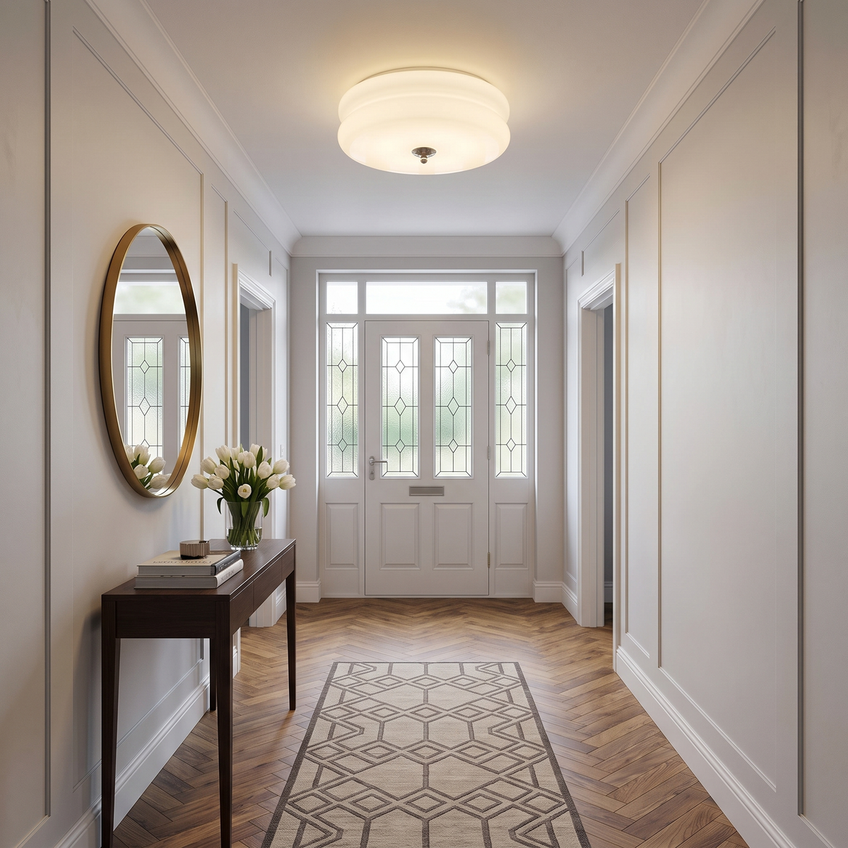 White ribbed glass ceiling light in an elegant entrance hallway