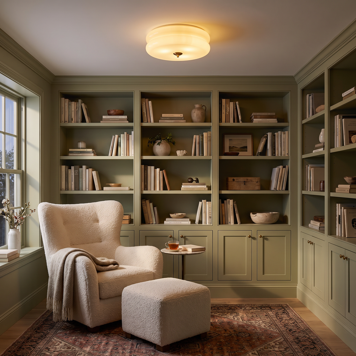 Beige glass ceiling light in a cozy reading room with olive bookcases