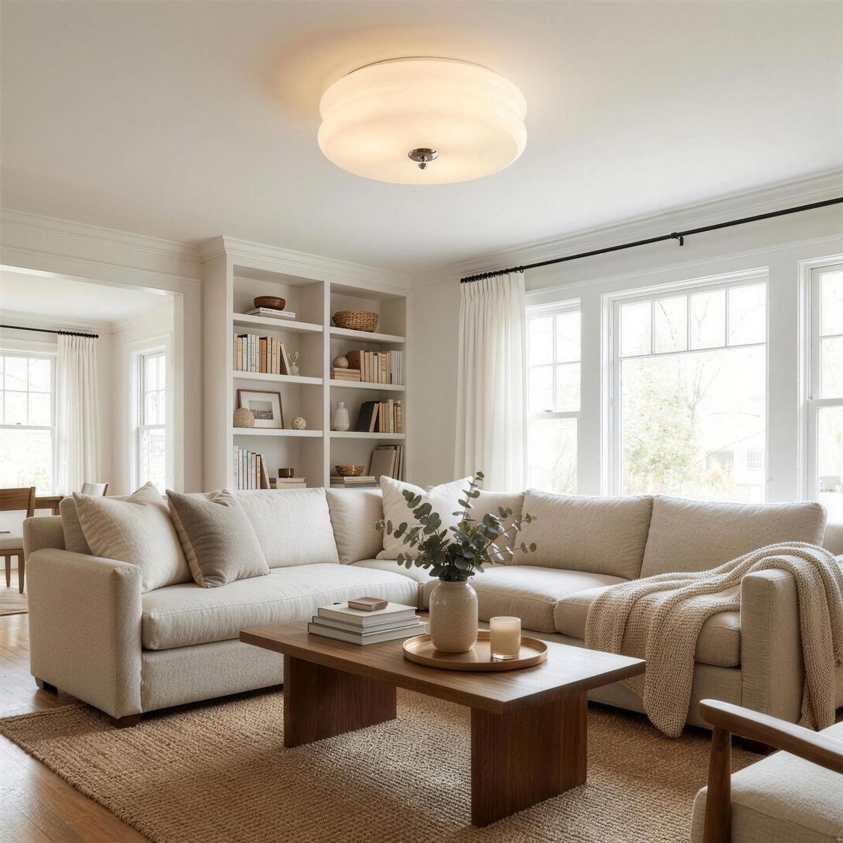 Ribbed glass flush mount light in a bright living room with built-in shelves