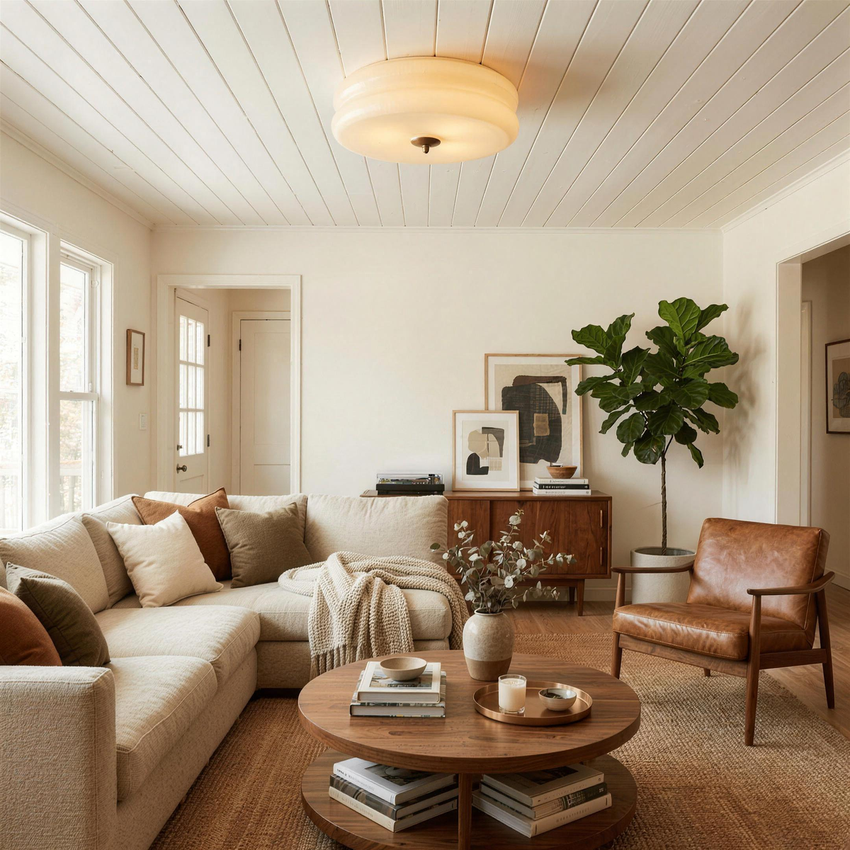 Ribbed glass ceiling light on a planked ceiling above a cozy living room