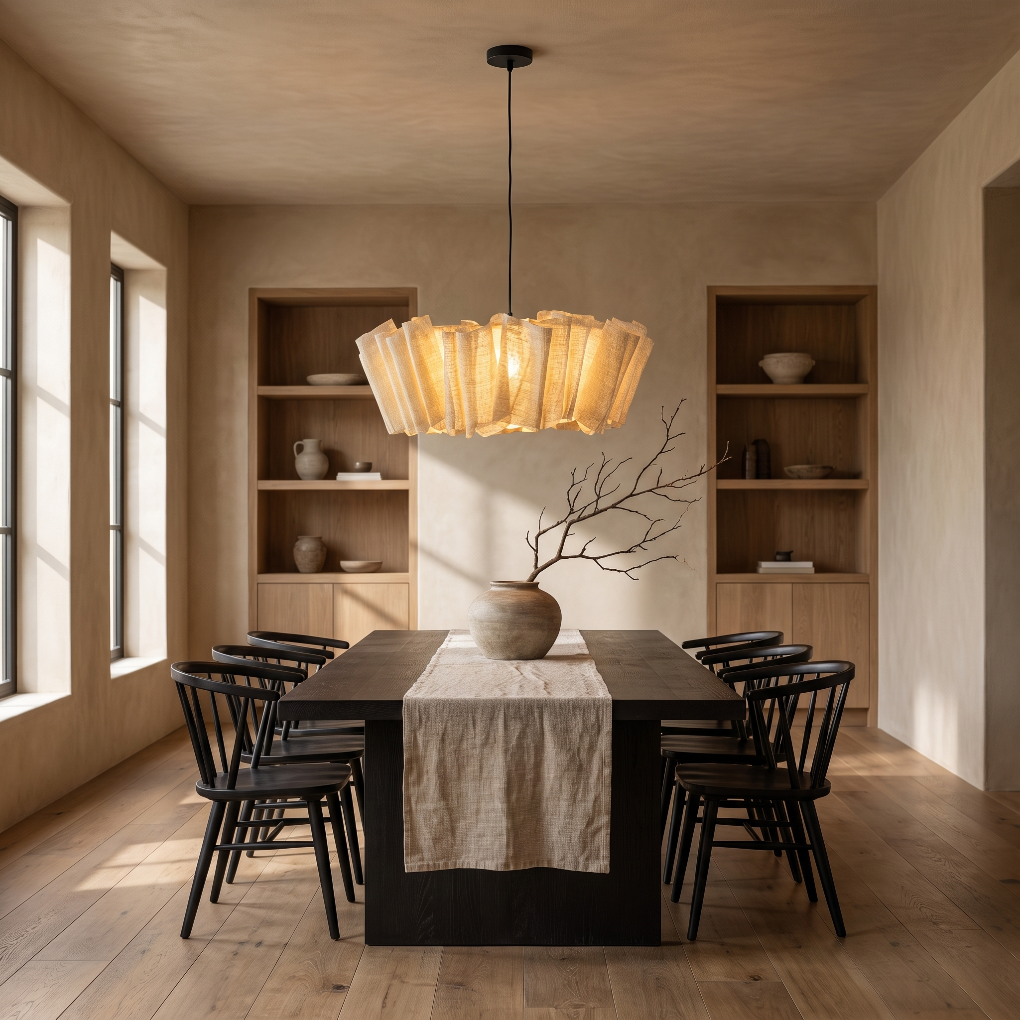 Woven abaca pendant light on a black cord above a Japandi oak dining table