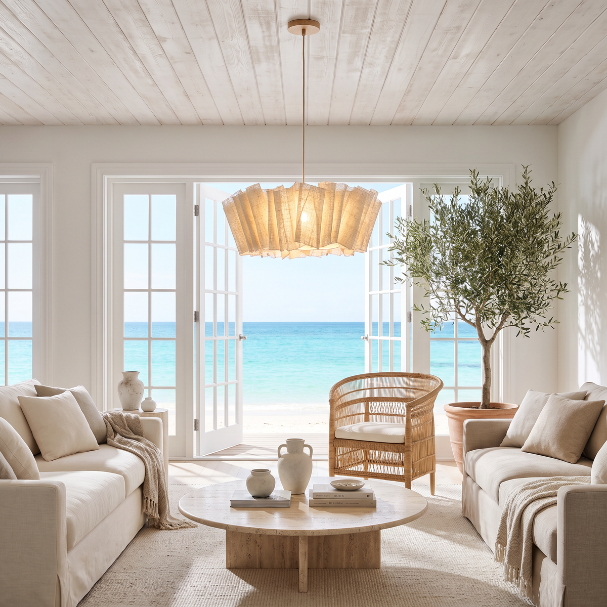 Large woven abaca pendant with wood canopy in a coastal living room