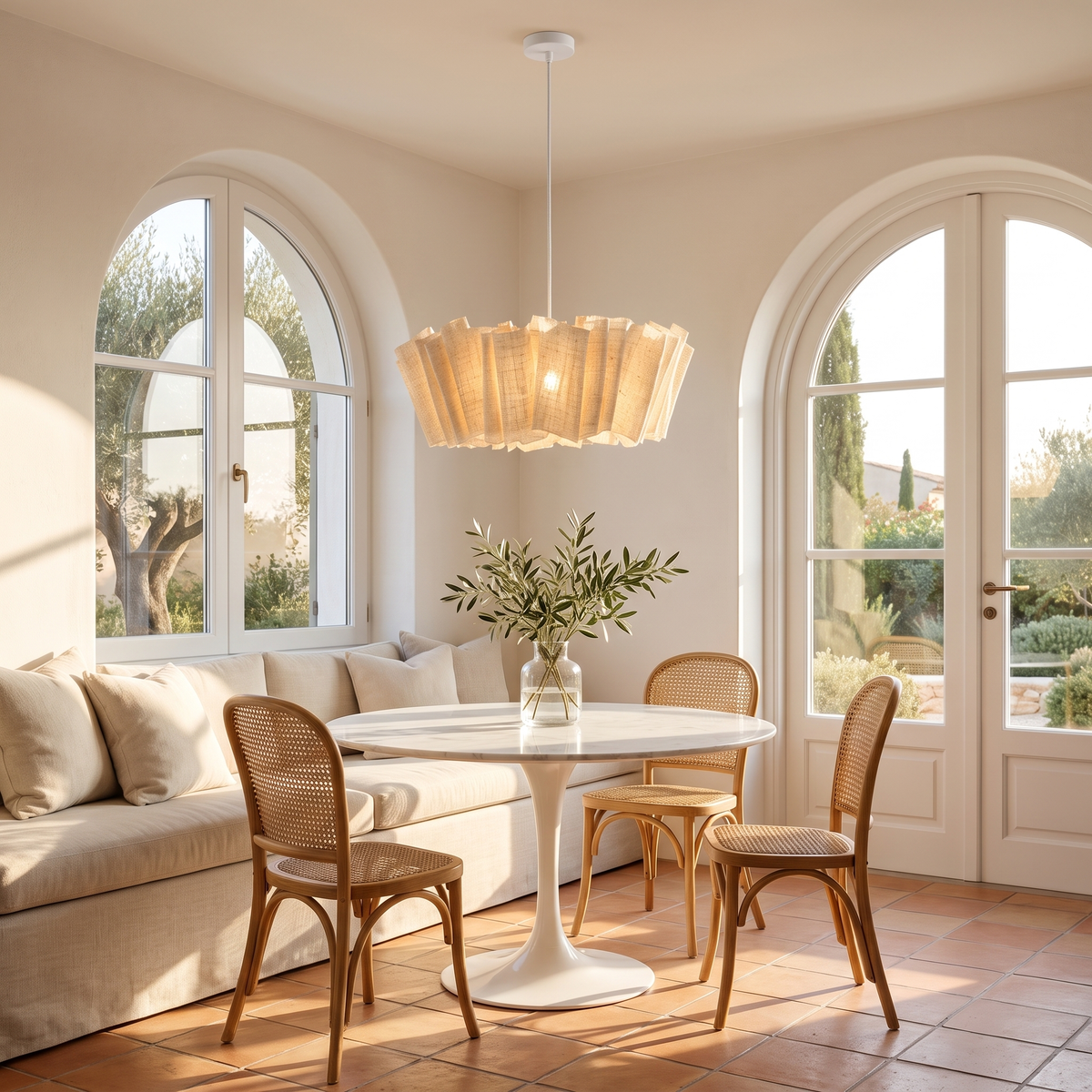 Woven abaca pendant above a marble breakfast table in a Mediterranean room