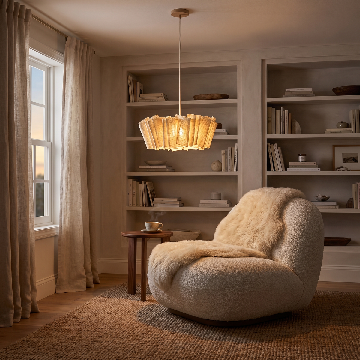 Small woven abaca pendant beside a boucle armchair in a reading corner