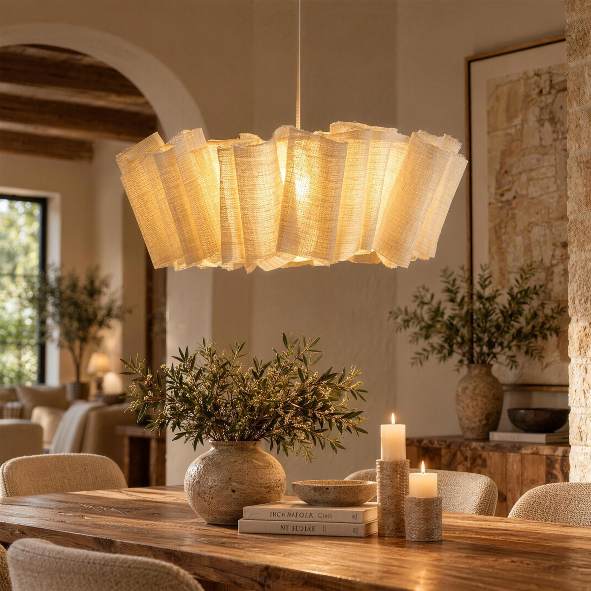 Woven abaca pendant above a candlelit oak dining table