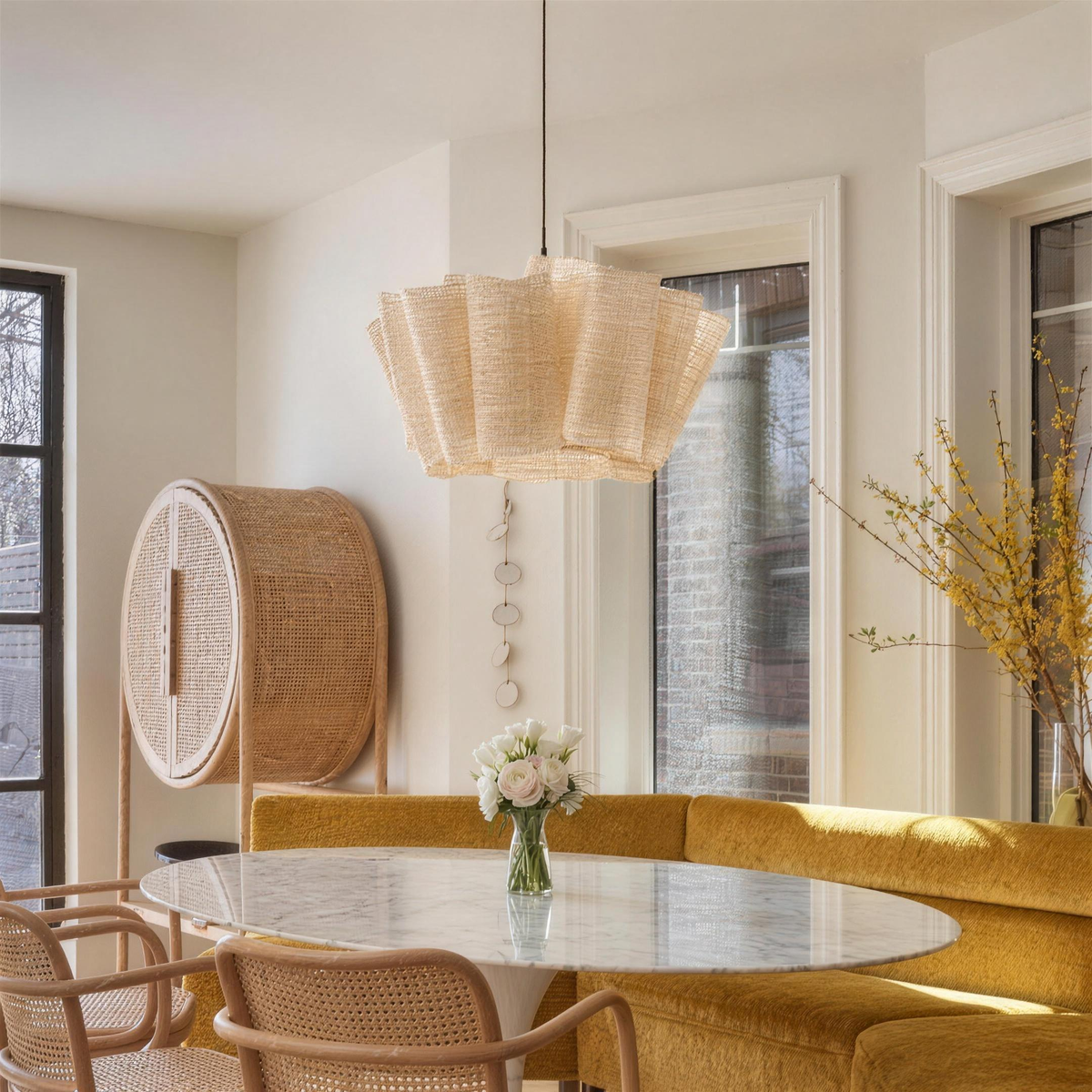 Woven abaca pendant above a round marble table in a bright dining nook