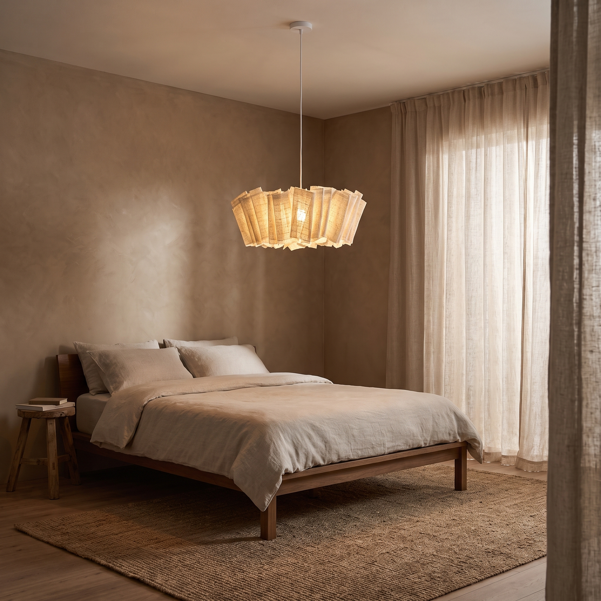 Woven abaca pendant glowing above a linen bed in a wabi-sabi bedroom