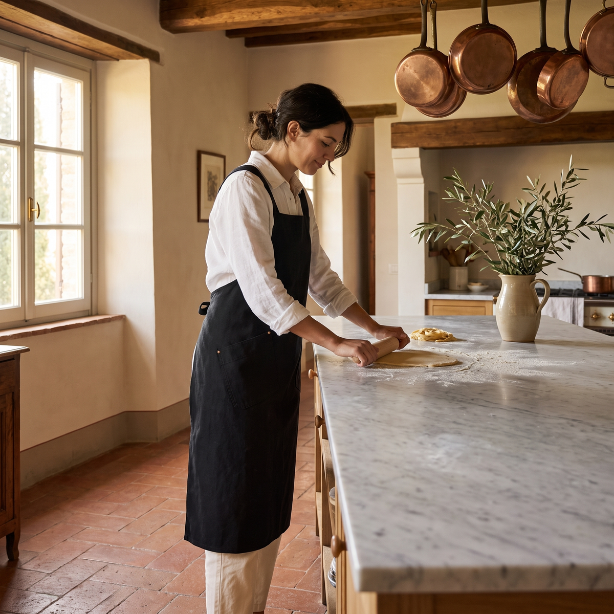 Woman in the black cross-back apron rolling pasta in a Tuscan farmhouse kitchen