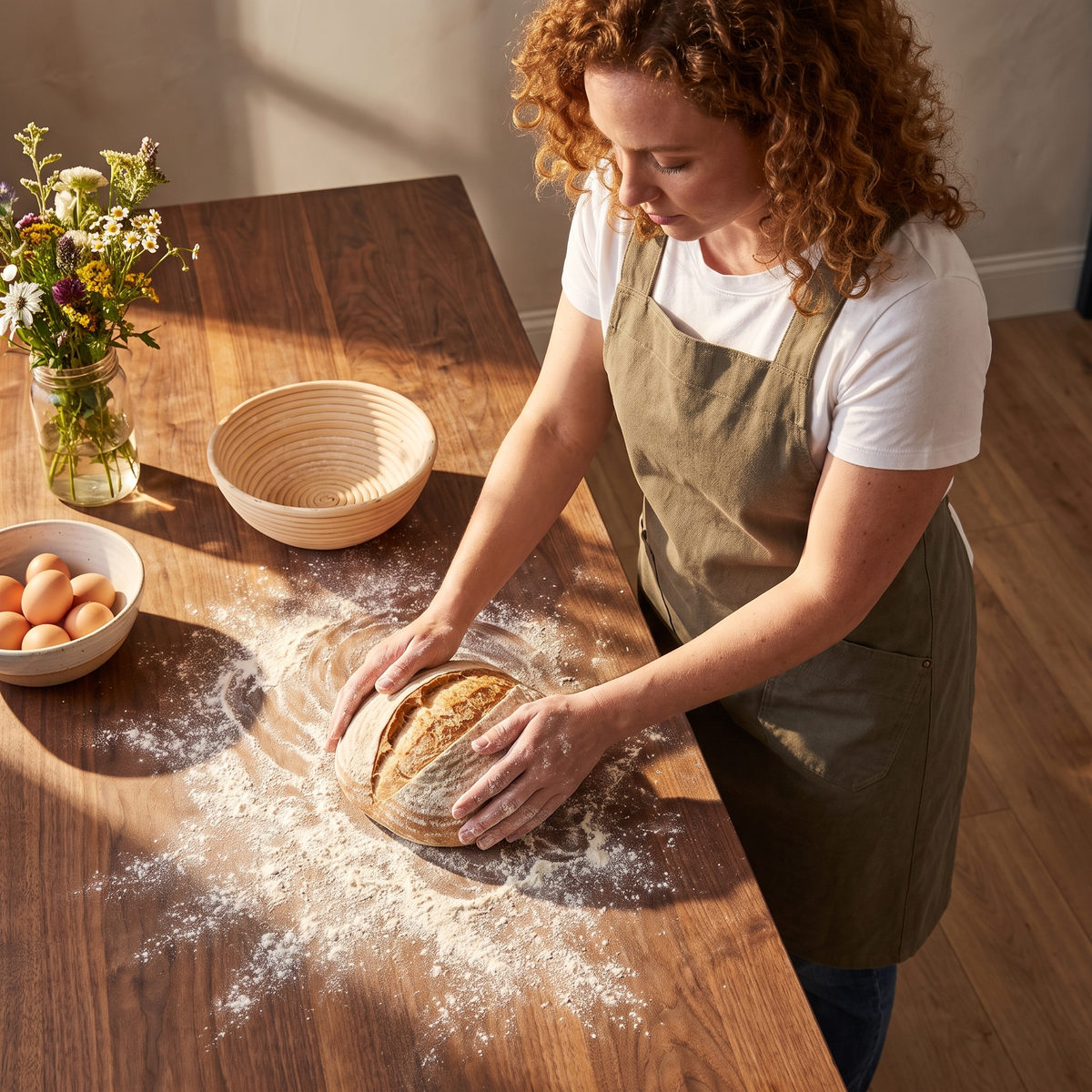 Woman in the olive apron shaping a sourdough loaf on a walnut table