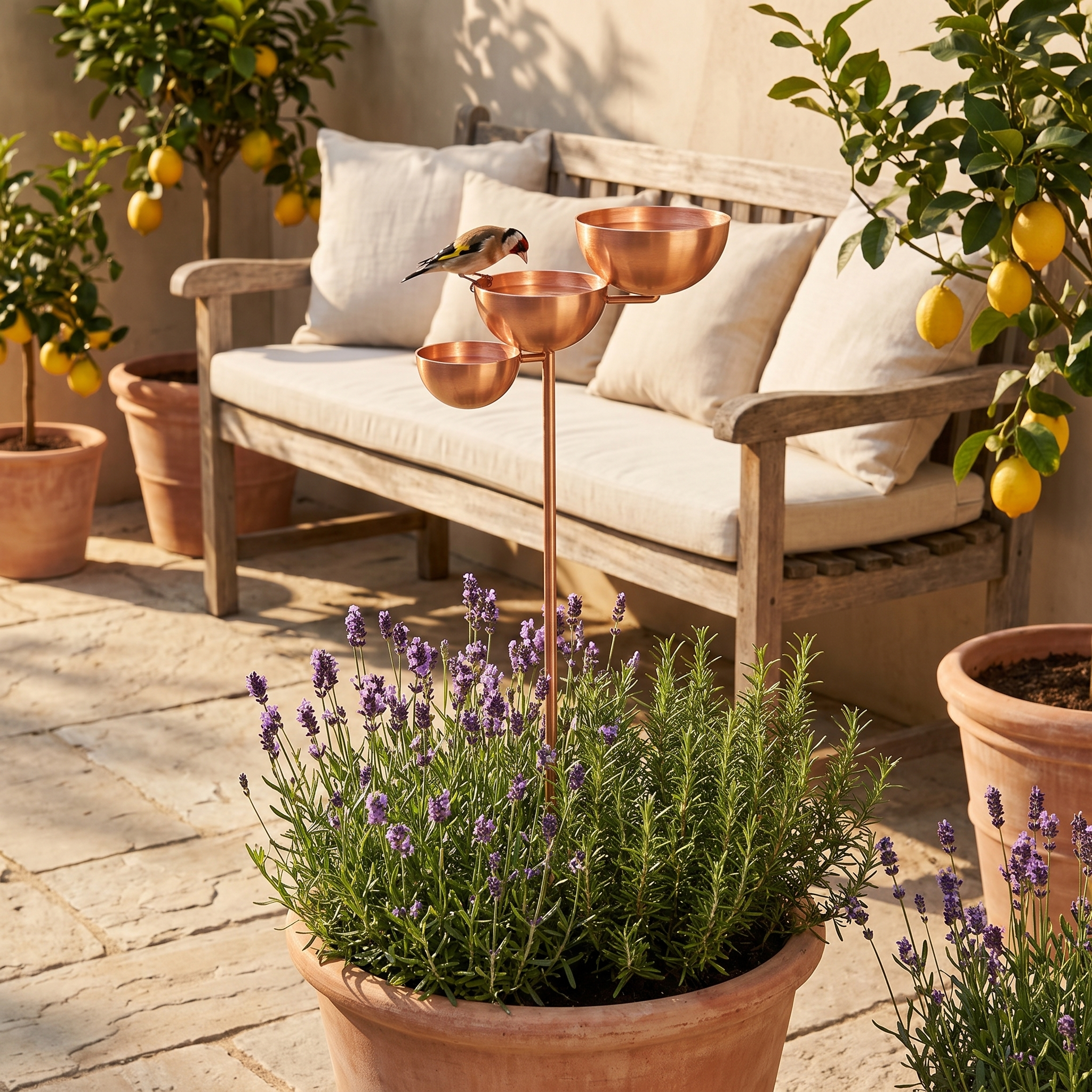 Copper bird bath in a lavender planter on a sunny Mediterranean terrace with a goldfinch