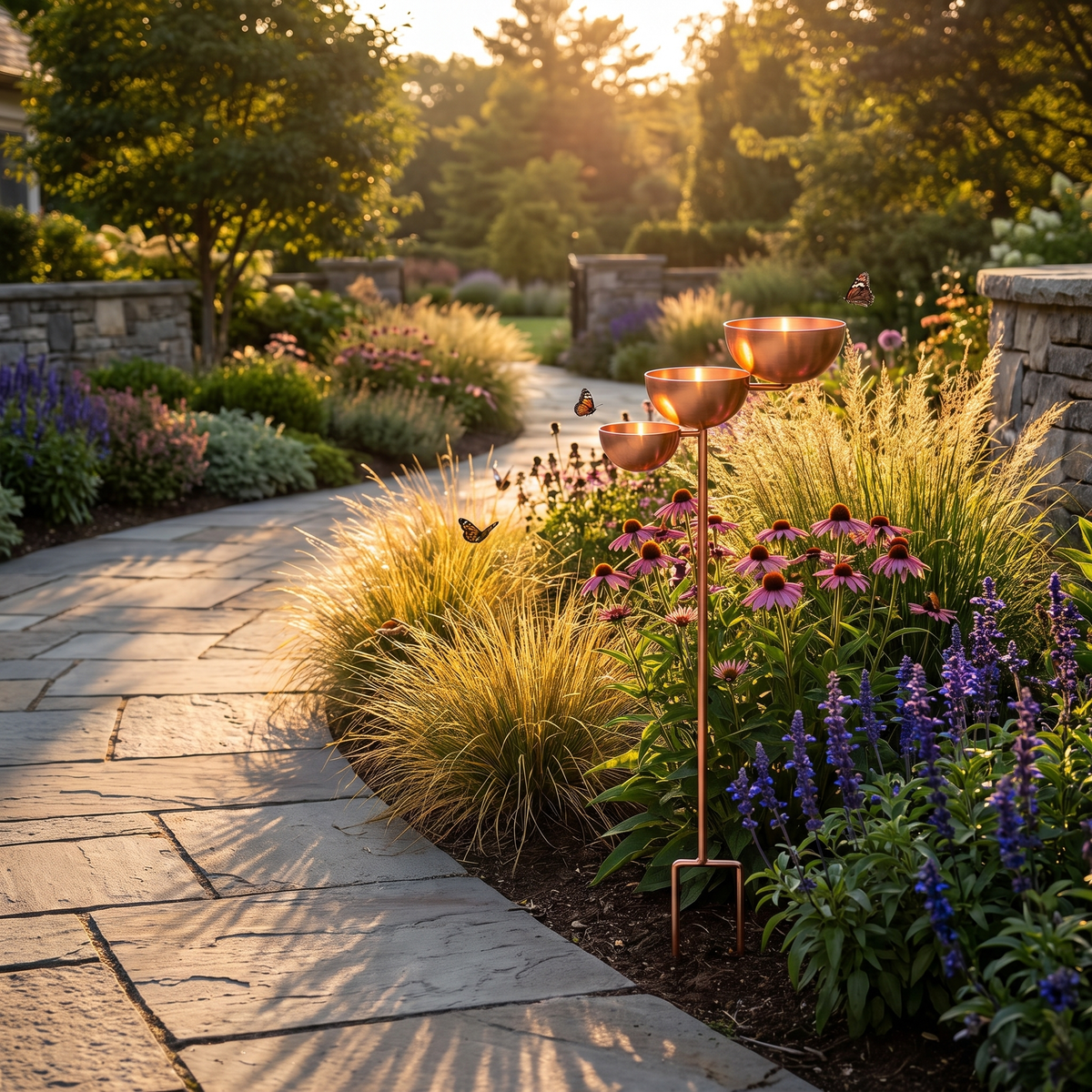 Copper bird bath beside a curving garden path at golden hour