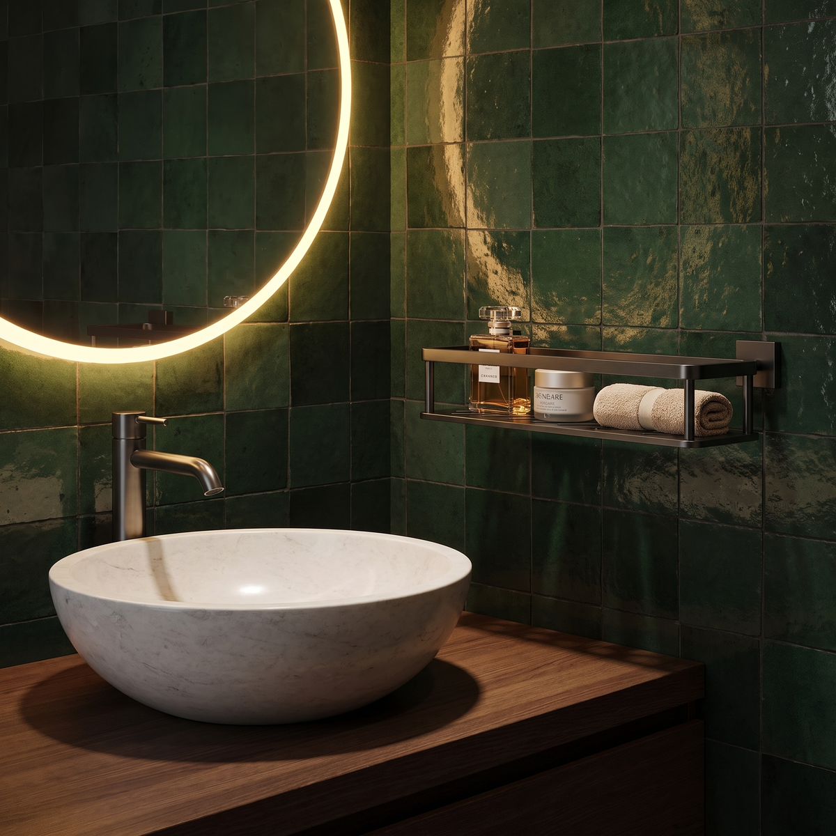Gunmetal Sospesa shelf on green zellige tiles beside a backlit vanity mirror