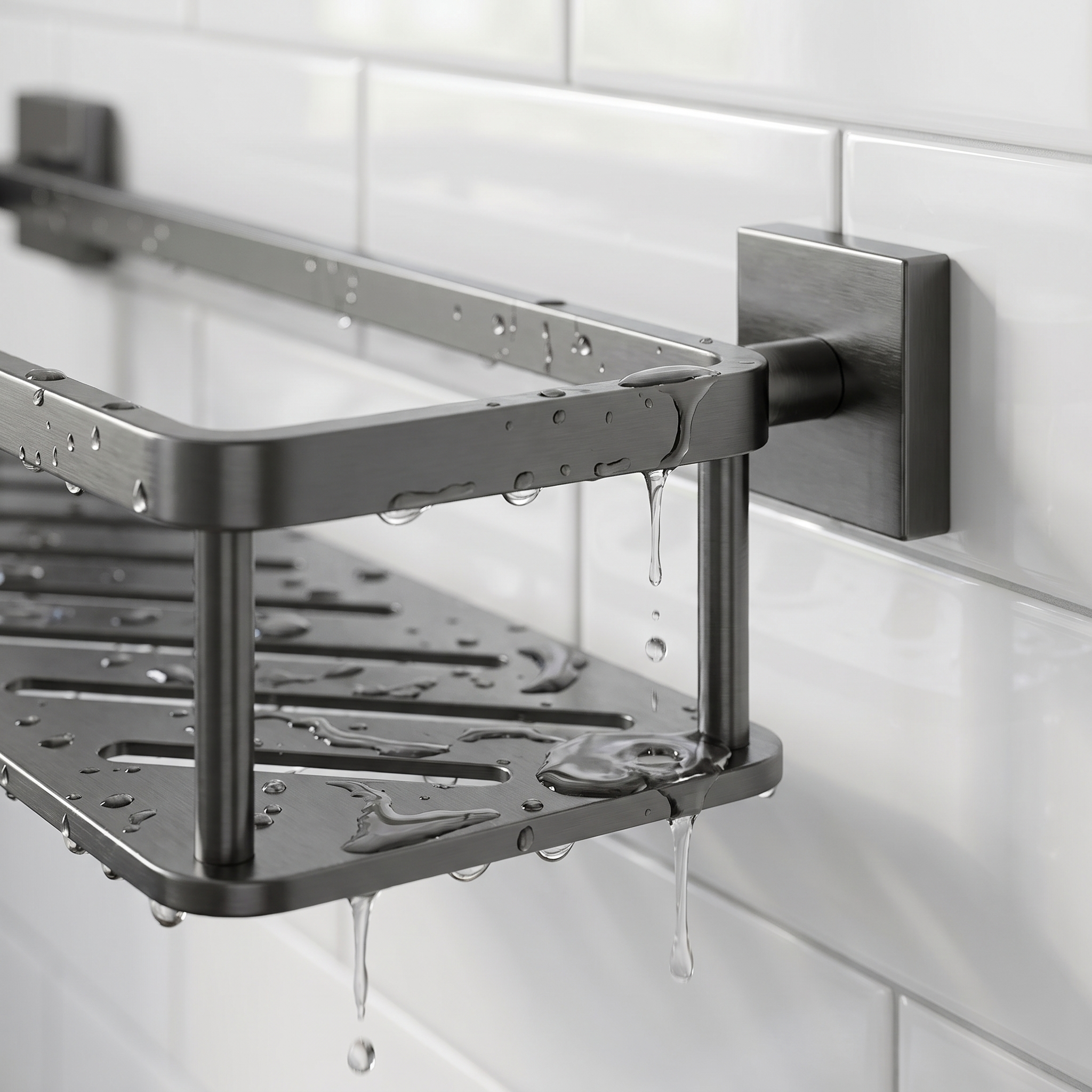 Close-up of the square end mount and slotted draining base with water droplets
